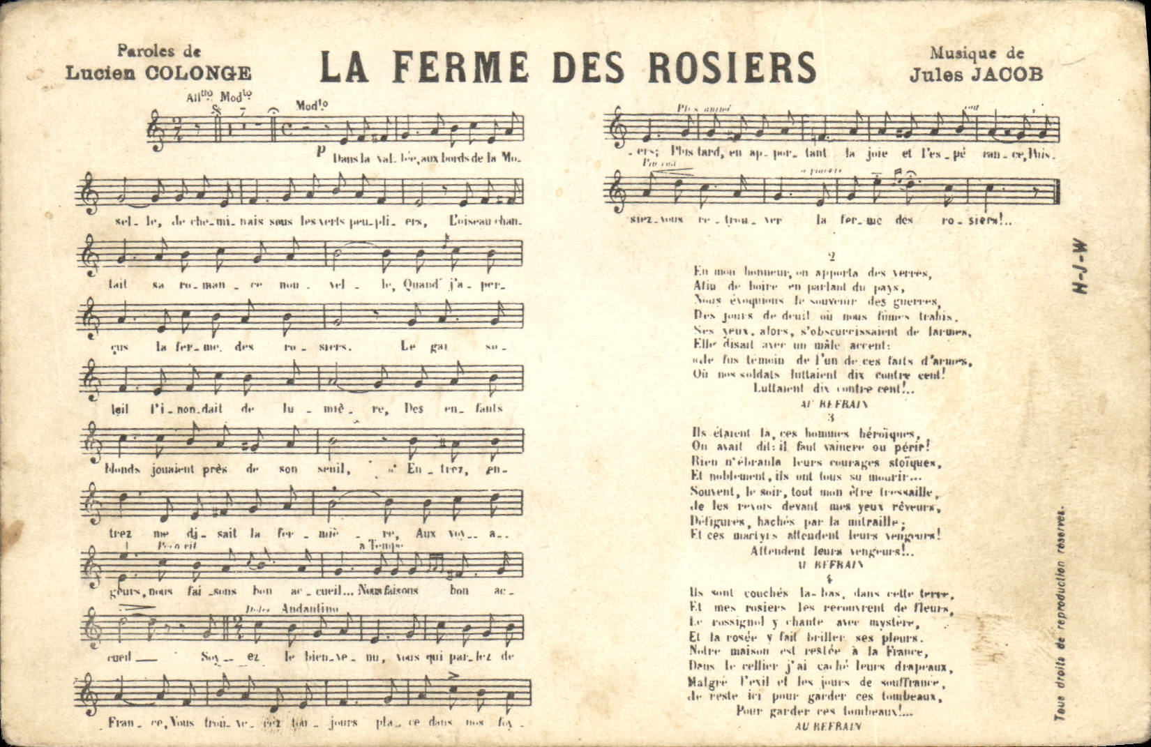 La Ferme des Rosiers — chanson — paroles de Lucien Colonge, musique de Jules Jacob