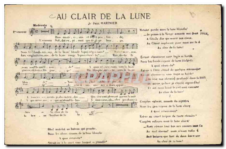 Au Clair de la Lune — Chanson de Paul Marinier — Carte postale