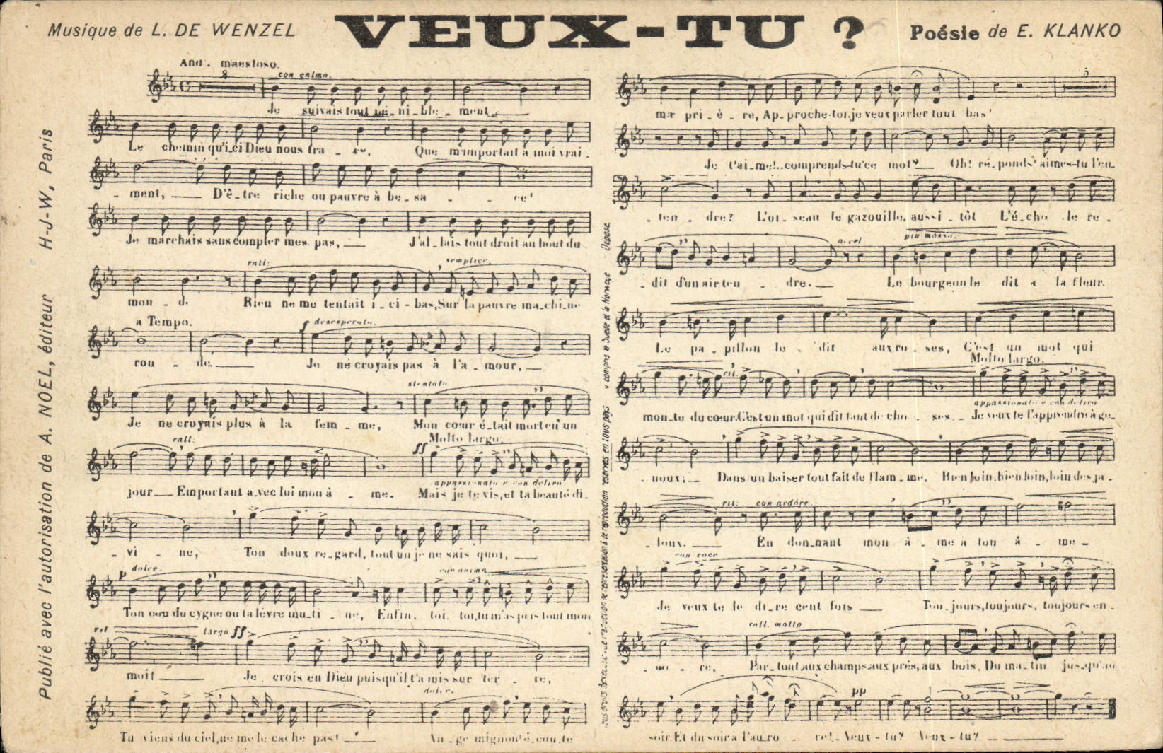 VEUX-TU ? — Poésie de E. Klanko, Musique de L. de Wenzel — H.-J.-W. éditeur, Paris