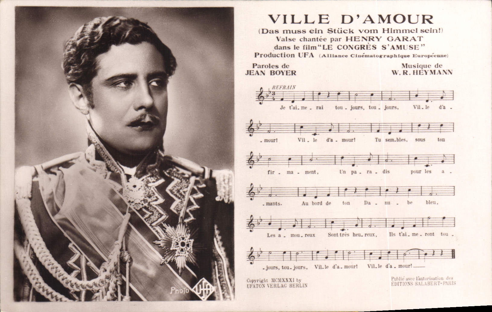 Ville d'Amour — Valse chantée par Henry Garat dans le film 'Le Congrès s'Amuse' — Éditions Salabert-Paris