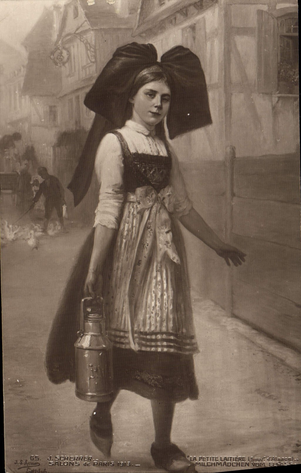 CPA Folklore Alsace Scherrier Salons de Paris 1913 La petite laitiere 