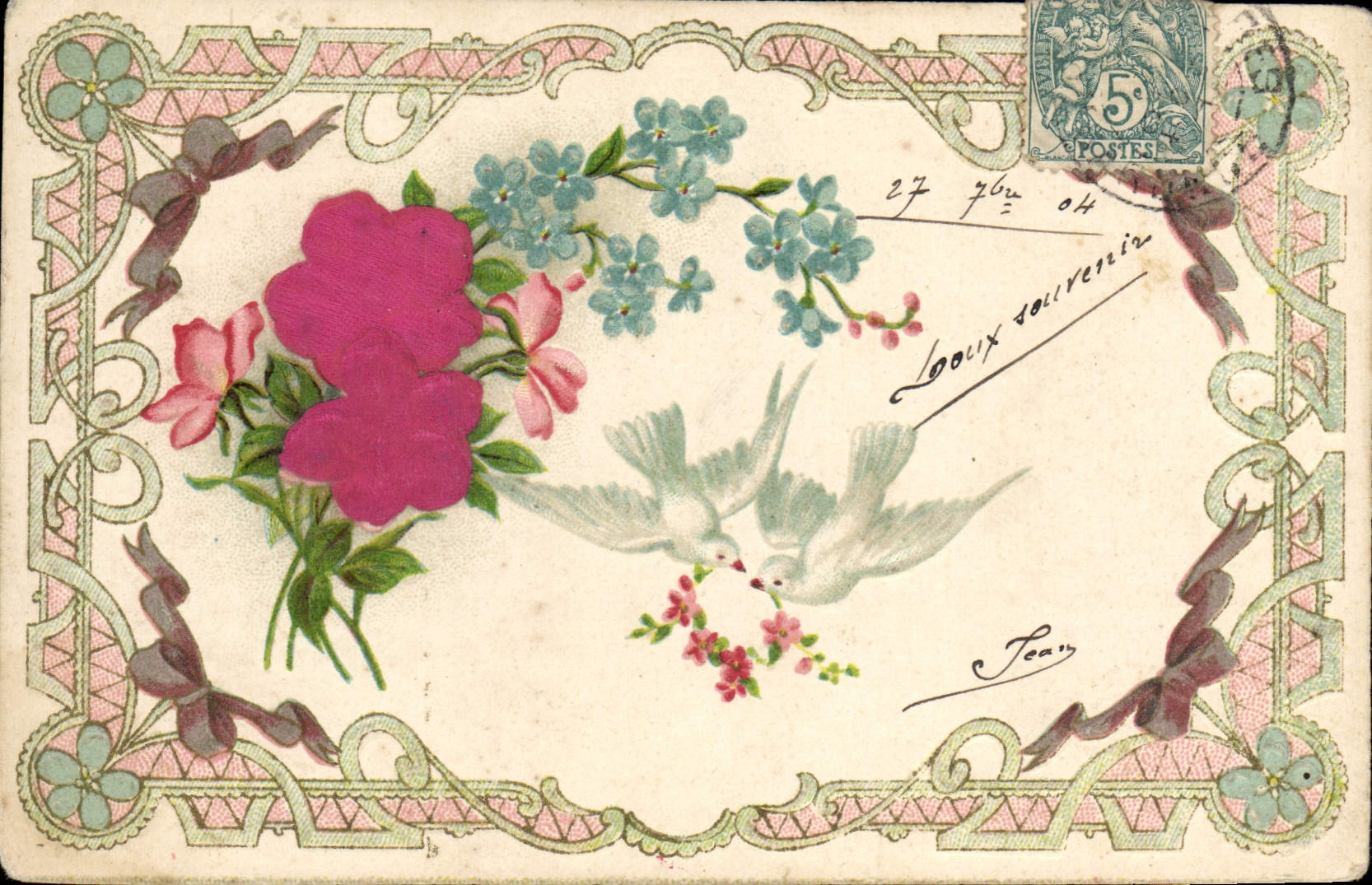 Fleurs et colombes — motif floral Art Nouveau — éditeur Jean, n° de série non visible