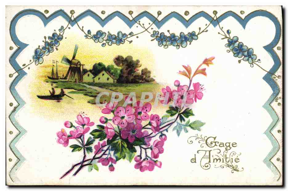 CPA Fantaisie Fleurs Moulin a vent 