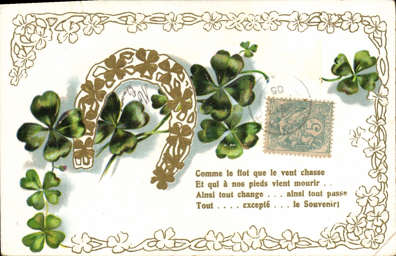 CPA Fantaisie Fleurs Trefles Fer a cheval 