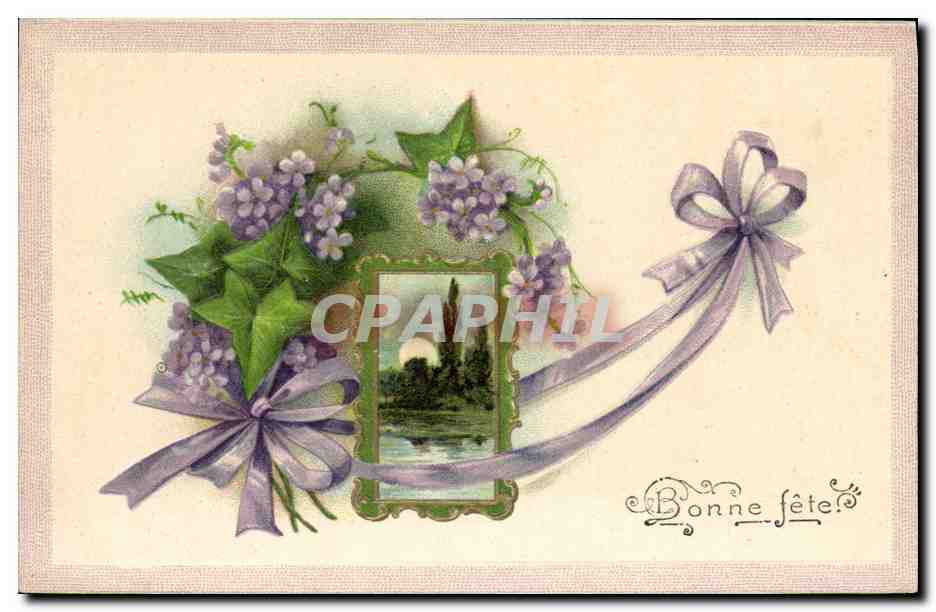 Bouquet de lilas — décor avec ruban et cadre paysager — Bonne fête