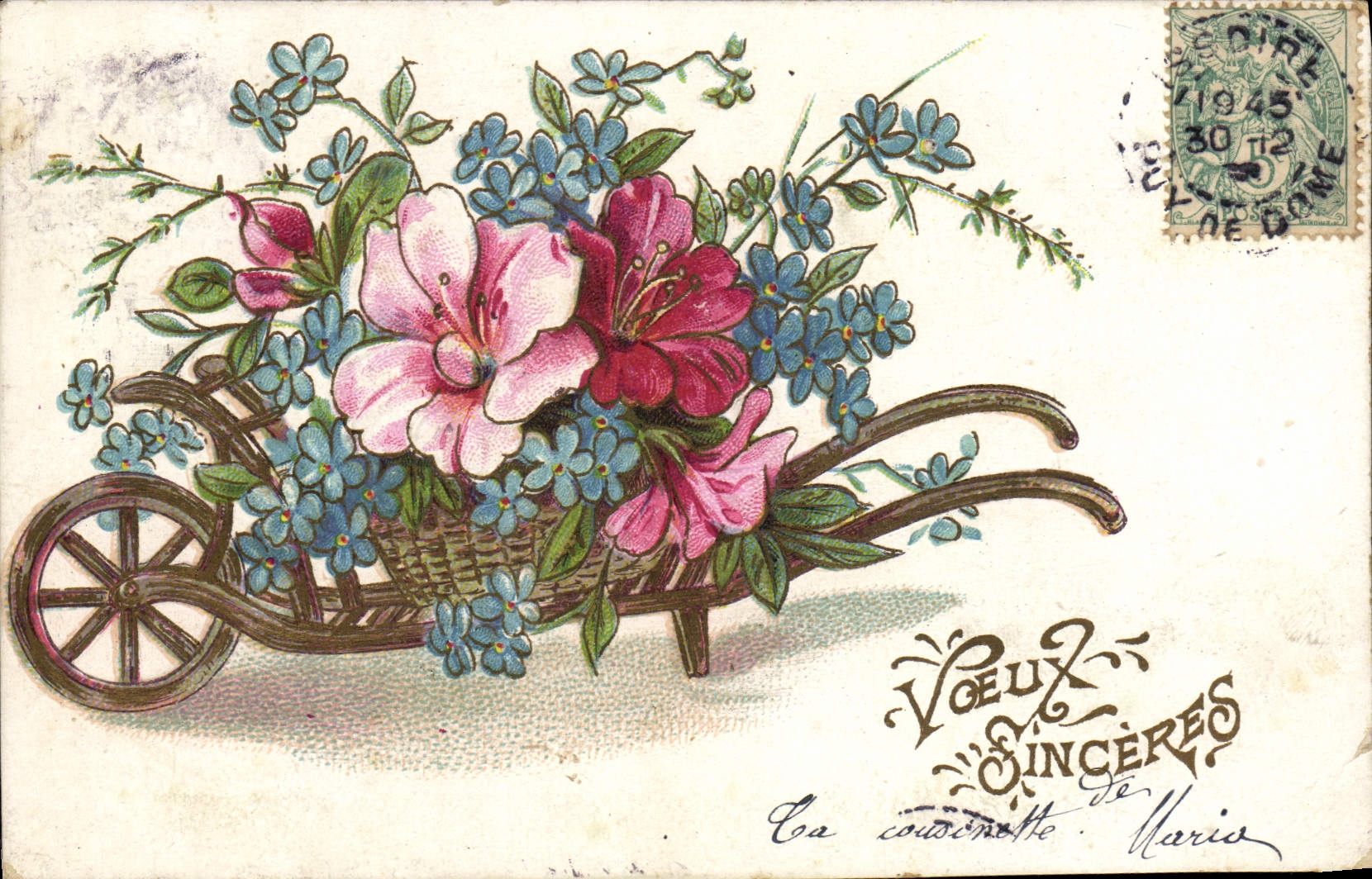 Fleurs dans un chariot — Vœux sincères — J.C. Paris