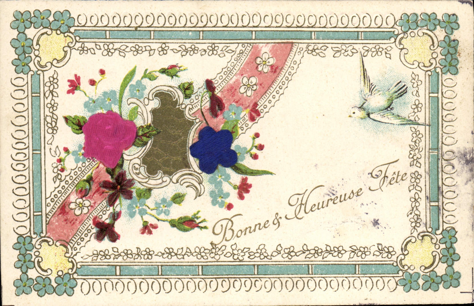 Fleurs et oiseau — Bonne & Heureuse Fête — Carte postale multilingue