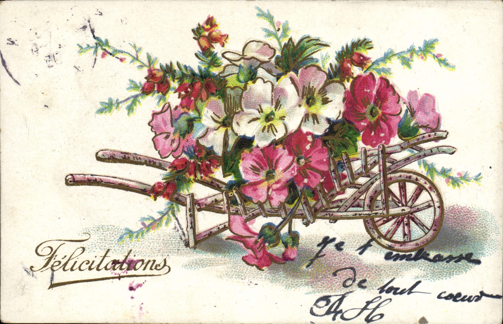 Félicitations — bouquet de fleurs dans un chariot — J.C. Paris