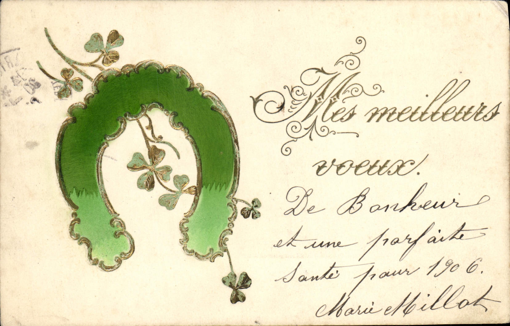 Horseshoe et trèfles — Carte de vœux 1906 — Éditeur non identifié