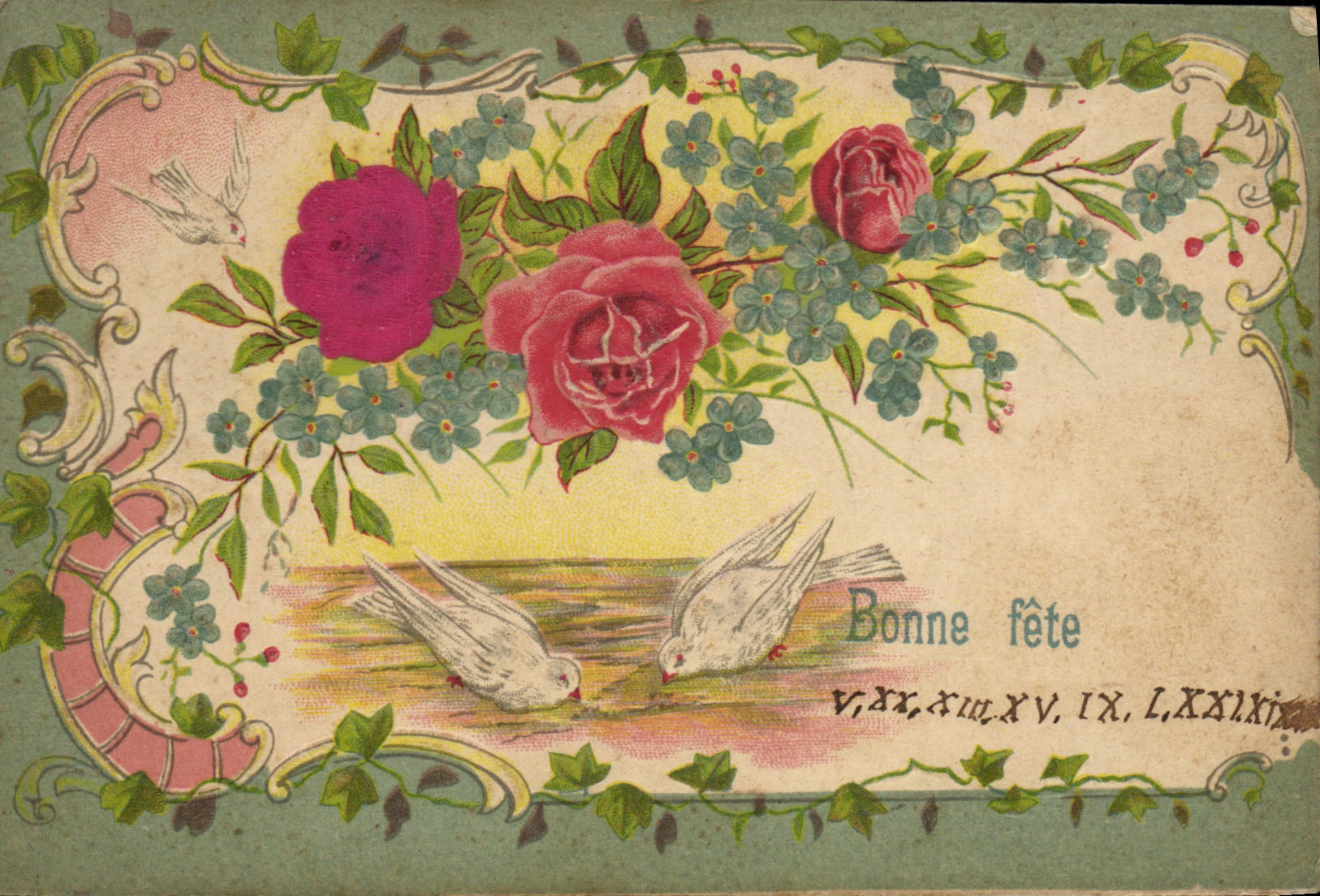 Bonne fête — roses et colombes — éditeur non visible