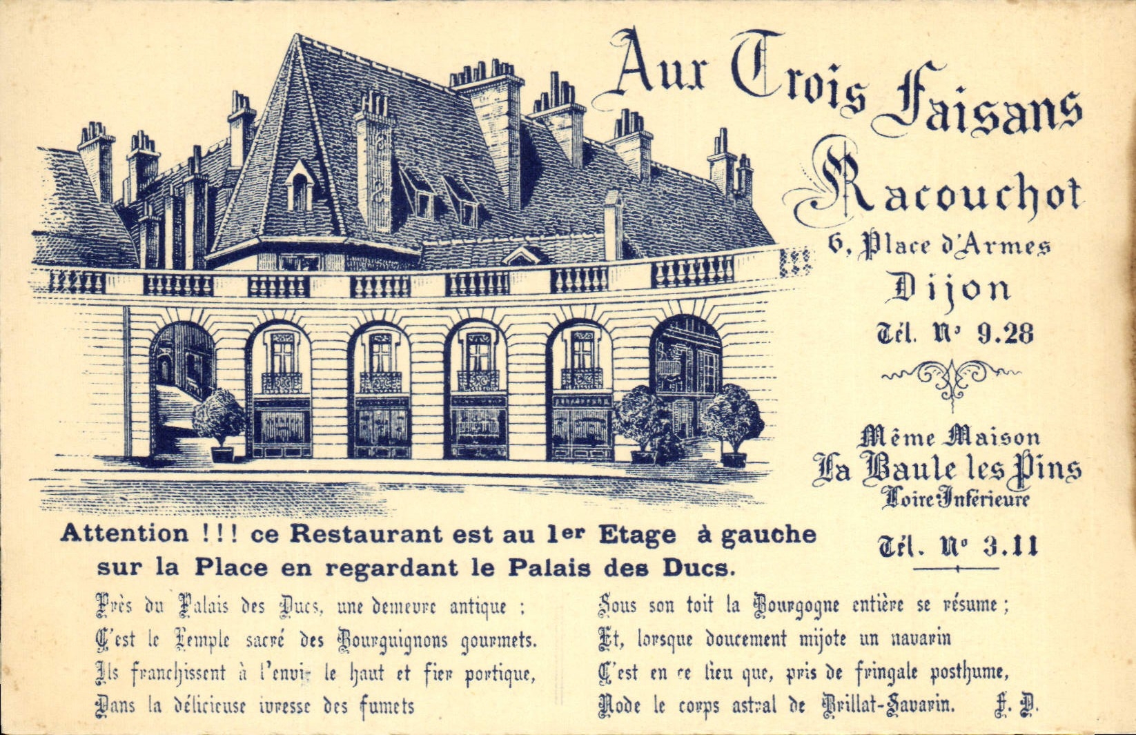 CPA Aux Trois faisans Racouchot Restaurant Place d'armes Dijon 