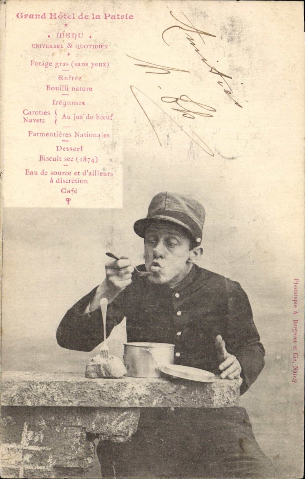 Soldat au repas — Grand Hôtel de la Patrie — Phototype A. Bergerat et Cie, Nancy