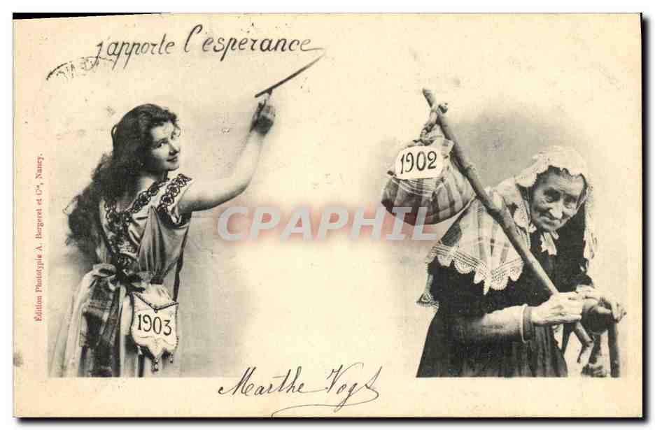 Je porte l'espérance — jeune femme et vieille femme — Édition Pintotype A. Bergeret et Cie, Nancy