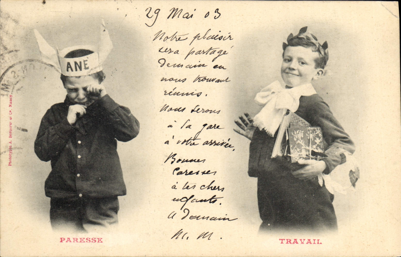 CPA Fantaisie Enfant Paresse Travail Ane 