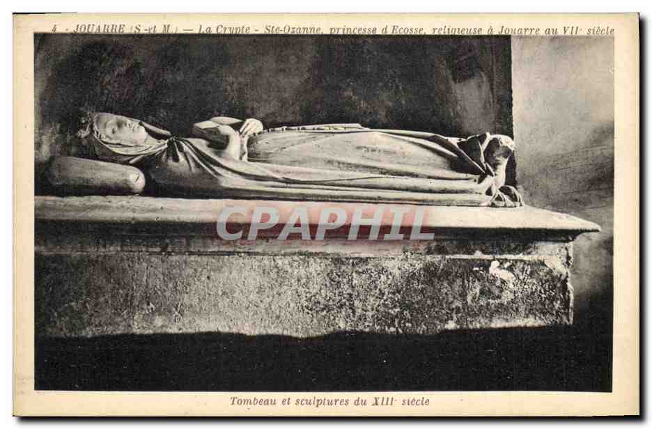 Jouarre (S-et M.) — Die Krypta — Ste-Ozanne, Prinzessin von Schottland, religiöse Frau in Jouarre im 7. Jahrhundert — Grab und Skulpturen aus dem 13. Jahrhundert