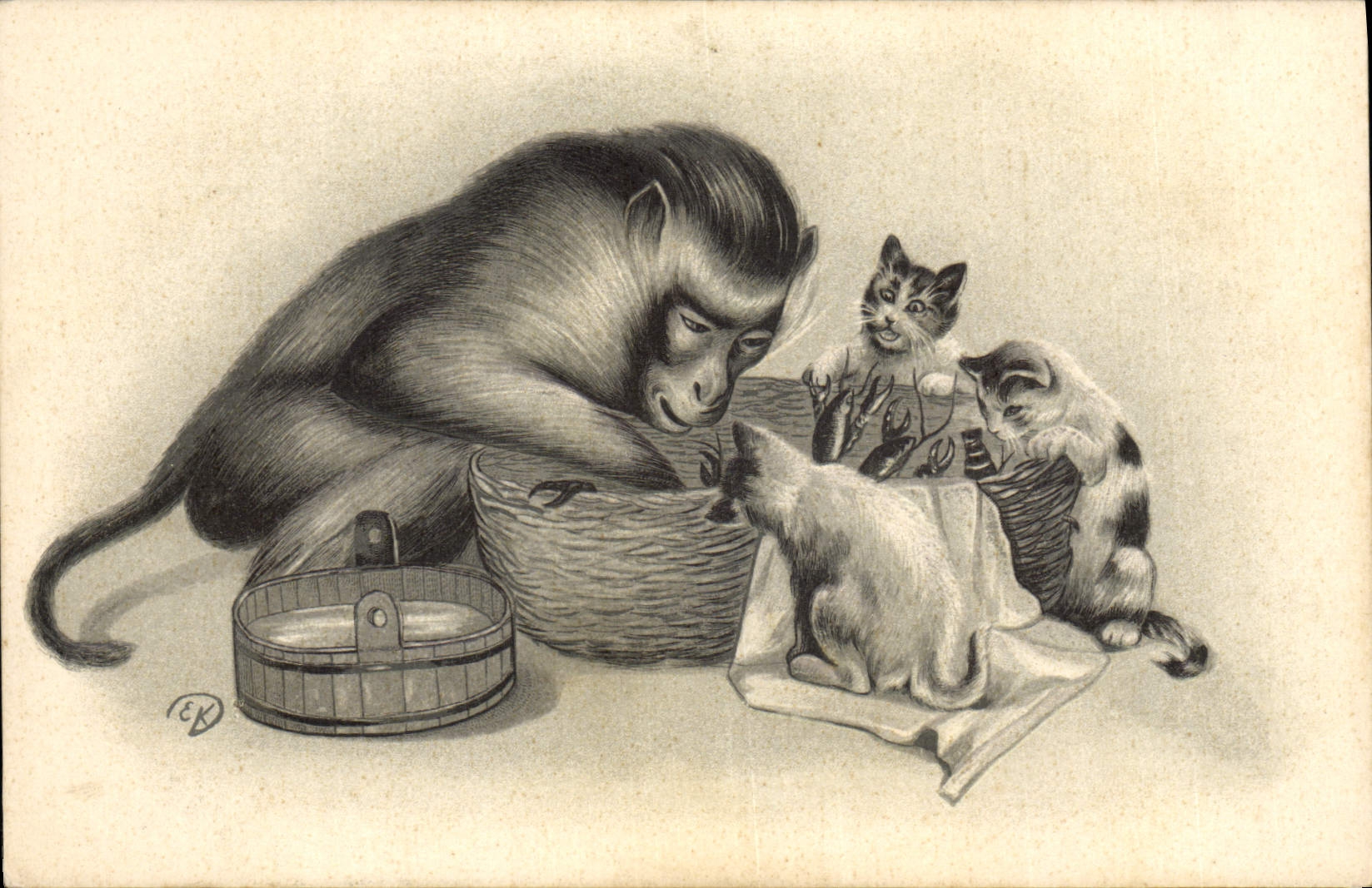 Singe et chatons — scène animale — éditeur CPAPHIL - Recto