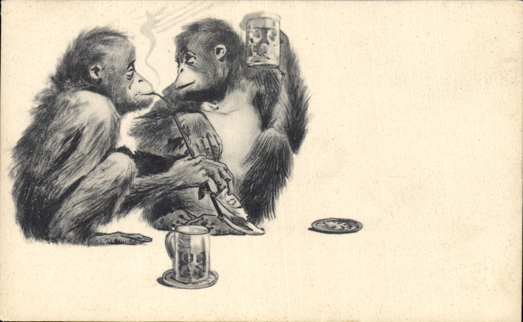 Deux singes buvant — illustration humoristique — éditeur non visible