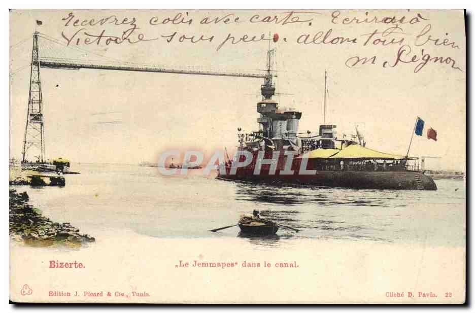 Bizerte — Le Jemmapes dans le canal — Édition J. Picard & Cie, Tunis