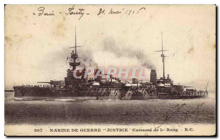 Bateau de guerre « Justice » — Cuirassé de 1er rang — B.C. — datée 21 mai 1916