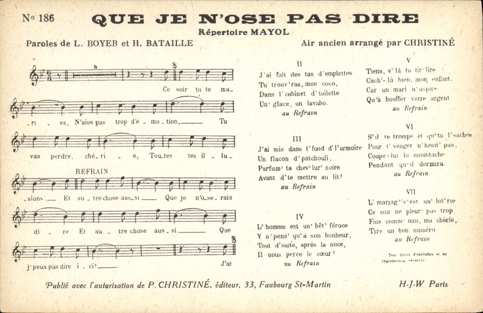 Chanson 'Que je n'ose pas dire' — Répertoire Mayol, n°186 — P. CHRISTINÉ, éditeur, 33, Faubourg St-Martin