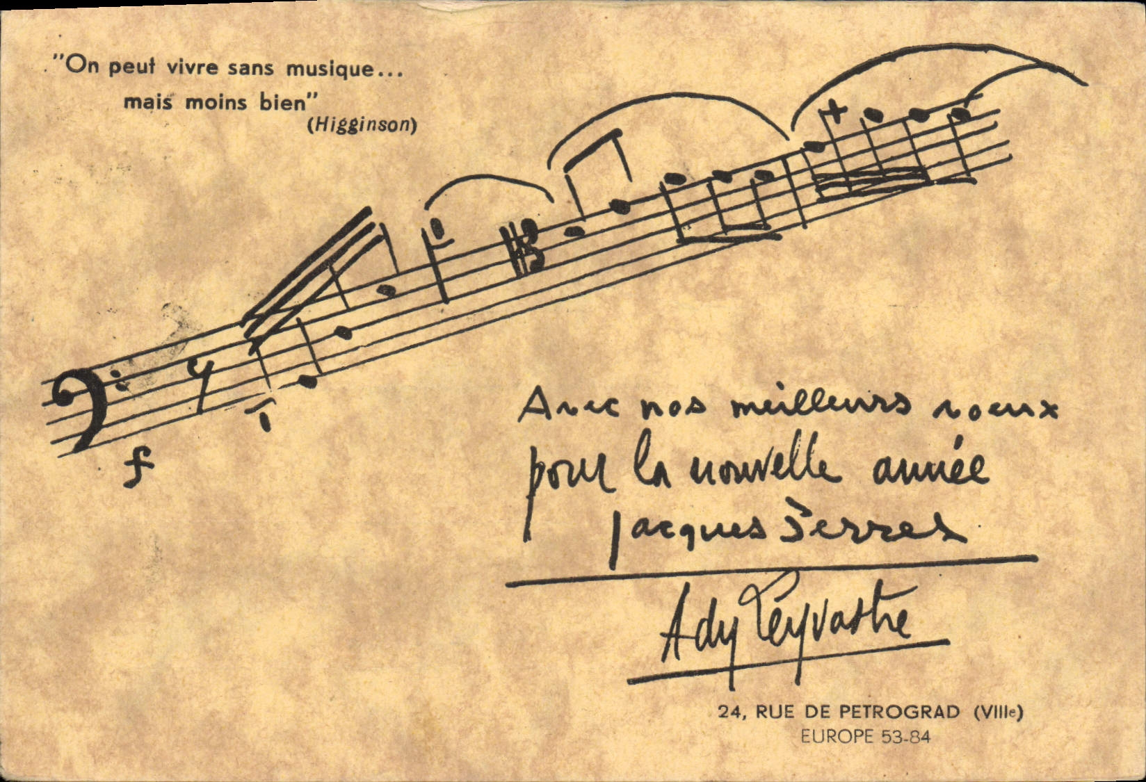 Carte postale musicale — citation et partition — signée Ady Teyvasthe, 24, rue de Petrograd (Ville), Europe 53-84