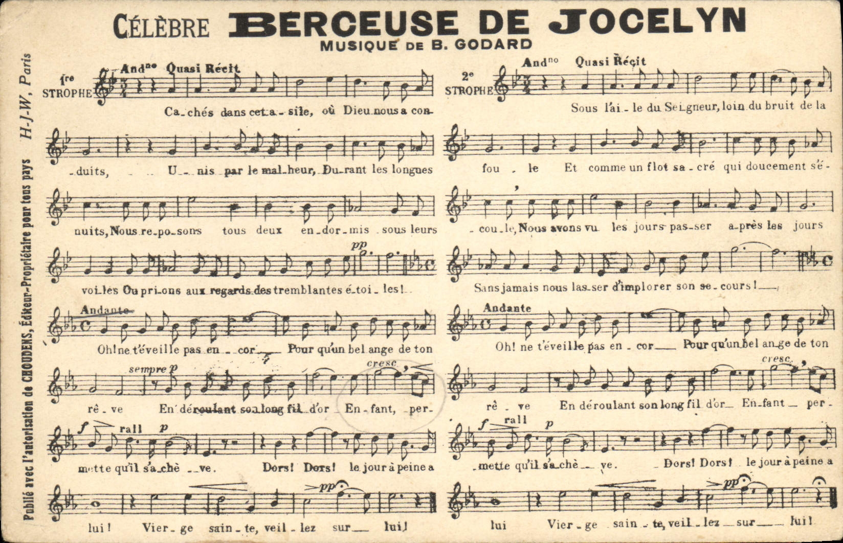 Berceuse de Jocelyn — Musique de B. Godard — Éditeur H.J.W. Paris