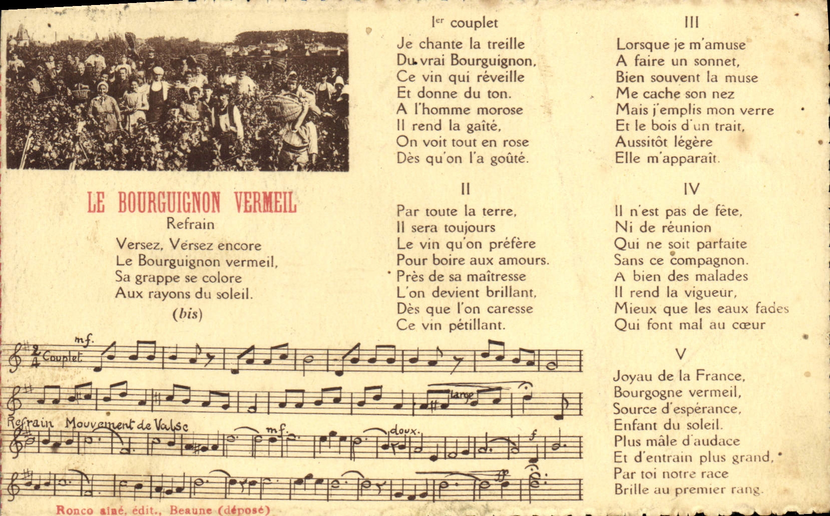 Le Bourguignon Vermeil — Chanson et musique — Ronco, édit., Beaune (déposé) - Recto