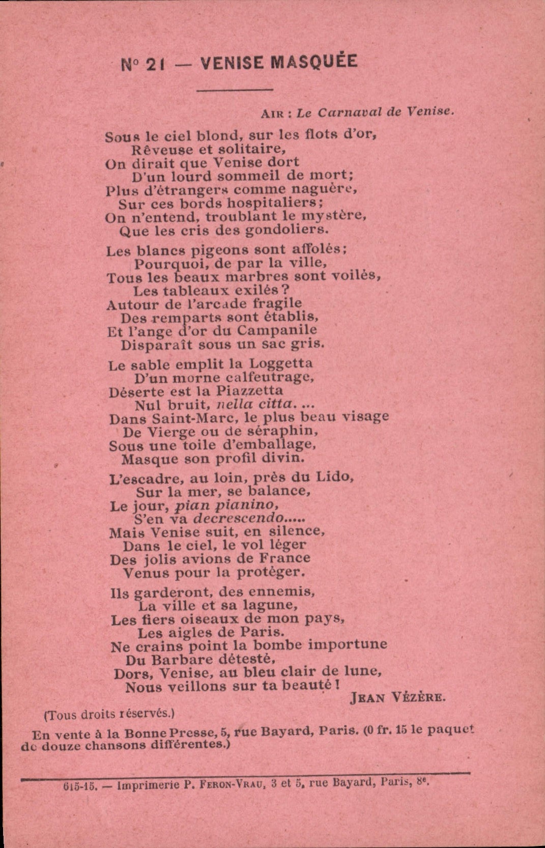 Venise Masquée — chanson — Imprimerie P. Feron-Vrau, Paris