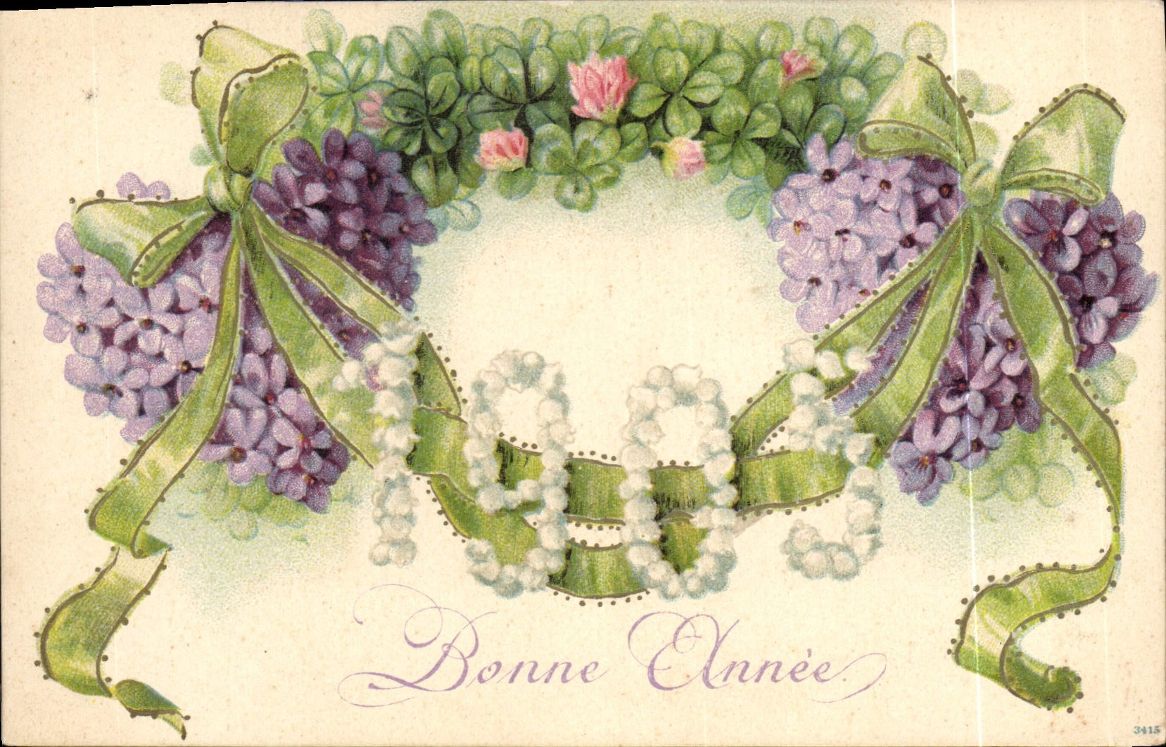 Fleurs de lilas et de trèfle — Bonne Année — éditeur CPAPHIL, n° 3415