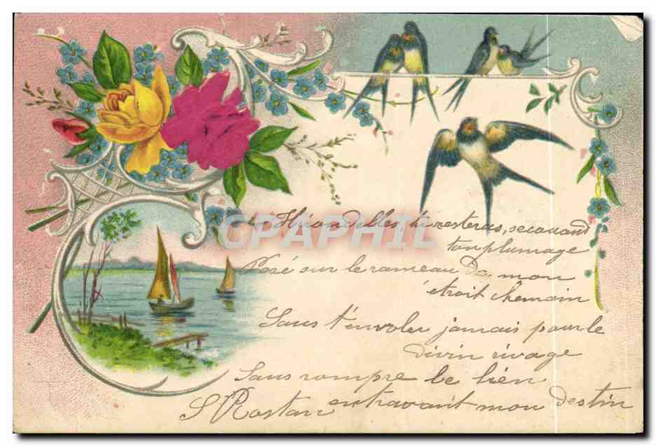 Vögel und Blumen — Seenlandschaft mit Segelbooten — Verleger nicht sichtbar