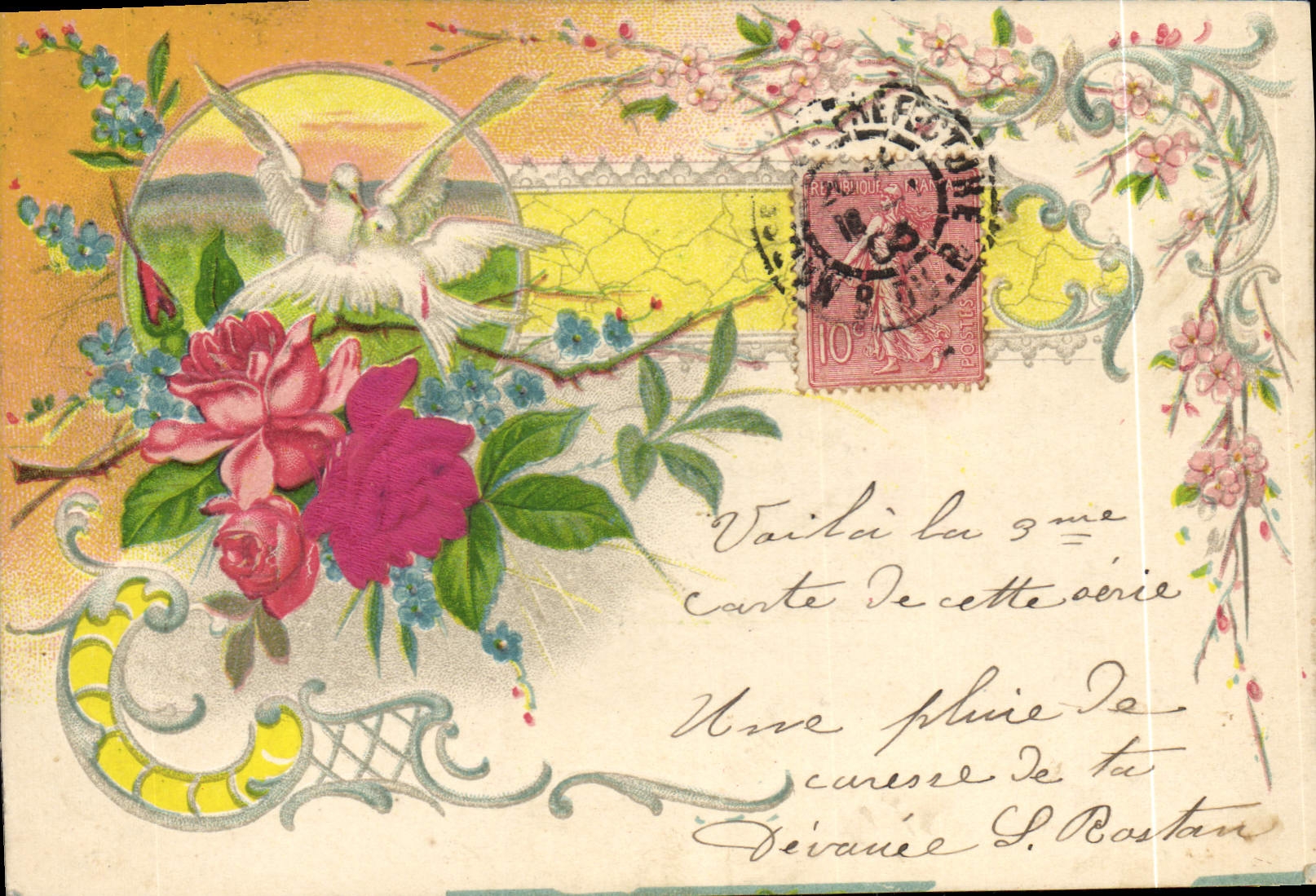 CPA Fantaisie Fleurs Colombe 