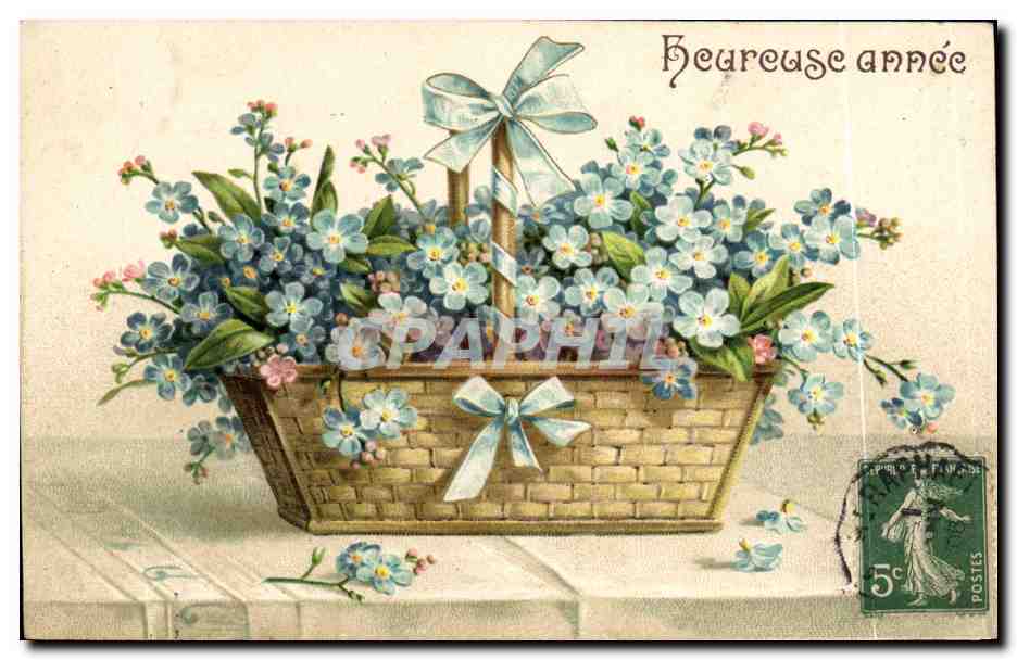 Bouquet de myosotis dans un panier — 'Heureuse année' — éditeur non visible