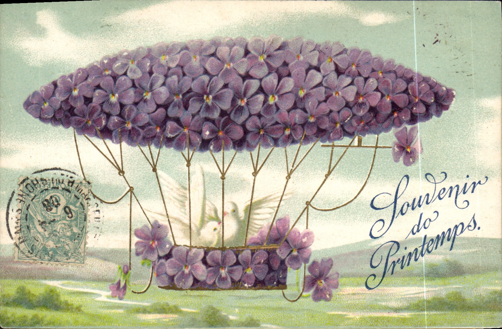 Ballon met paarse bloemen — Herinnering aan de Lente — K. F. Uitgevers, Parijs, Serie II n°1434