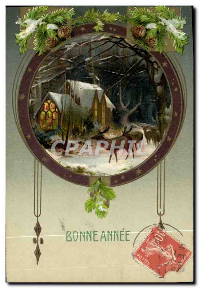 Château enneigé avec cerfs — décor de sapins et de pommes de pin — éditeur non visible