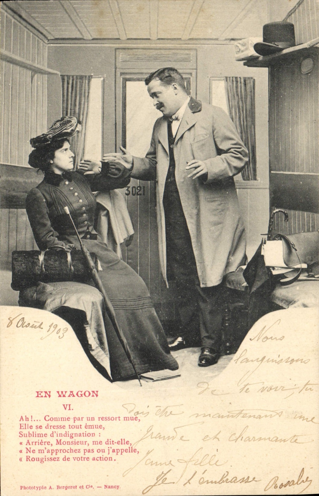 En wagon — scène de théâtre — Phototypie A. Bergeret et Cie, Nancy, n° VI