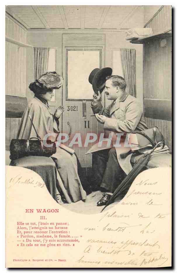 Im Wagen — Szenen eines Dialogs in einem Zugabteil — Phototypie A. Bergeret et Cie, Nancy