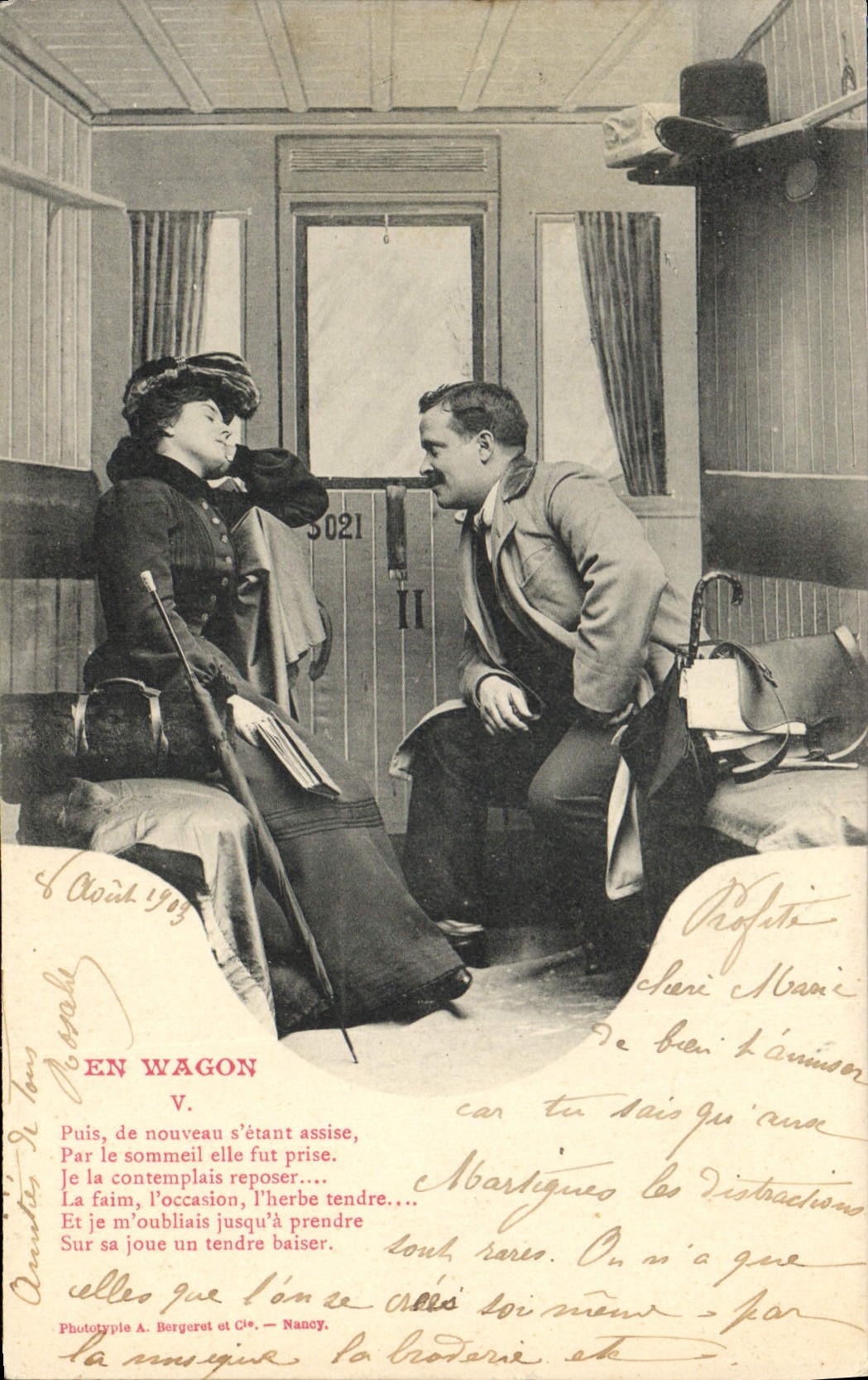 En wagon — scène de couple — Phototype A. Bergeret et Cie, Nancy, n°5021