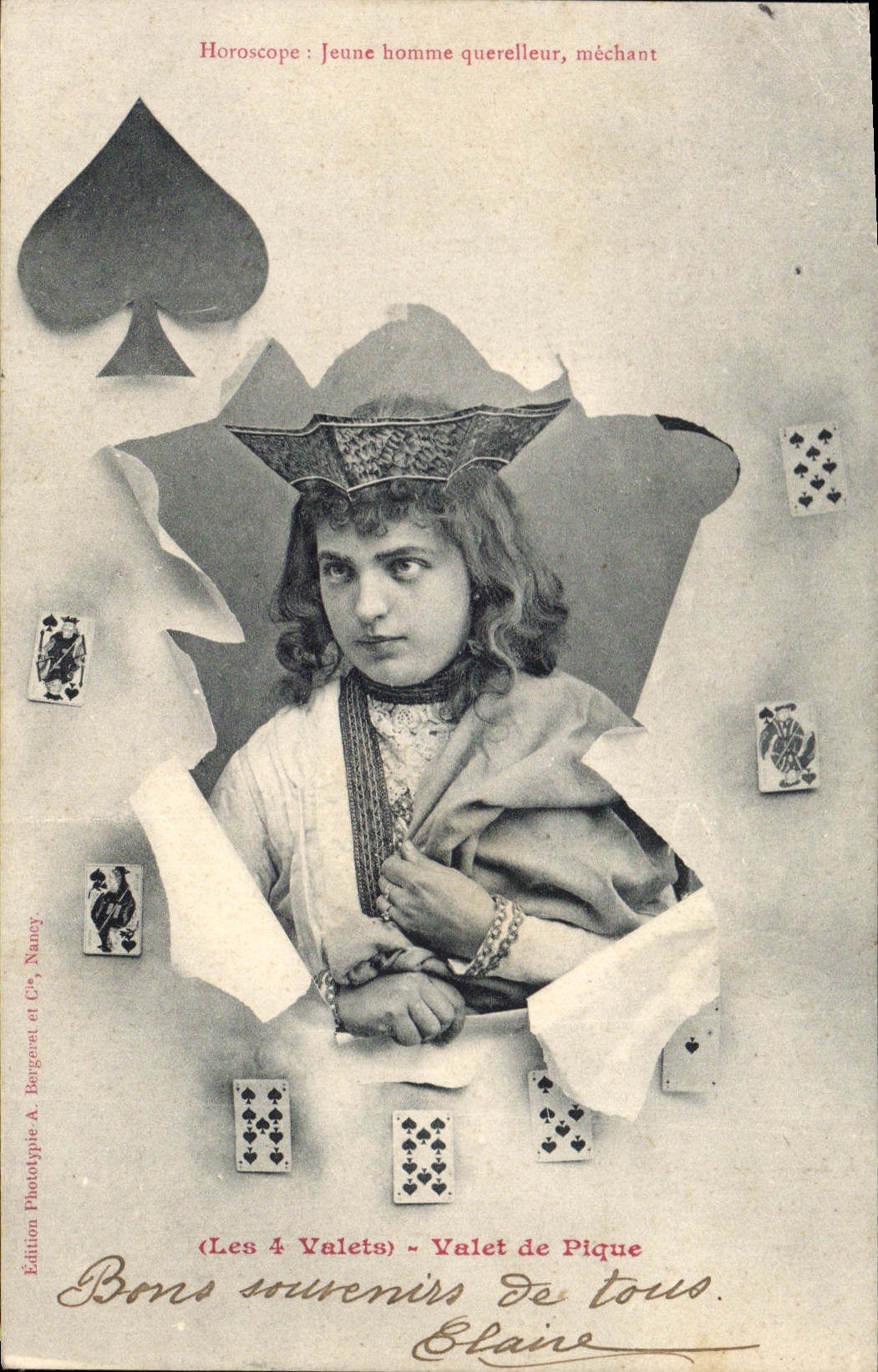 Horoscope : Jeune homme querelleur, méchant — Valet de Pique — Edition Phototype A. Bergeret et Cie, Nancy