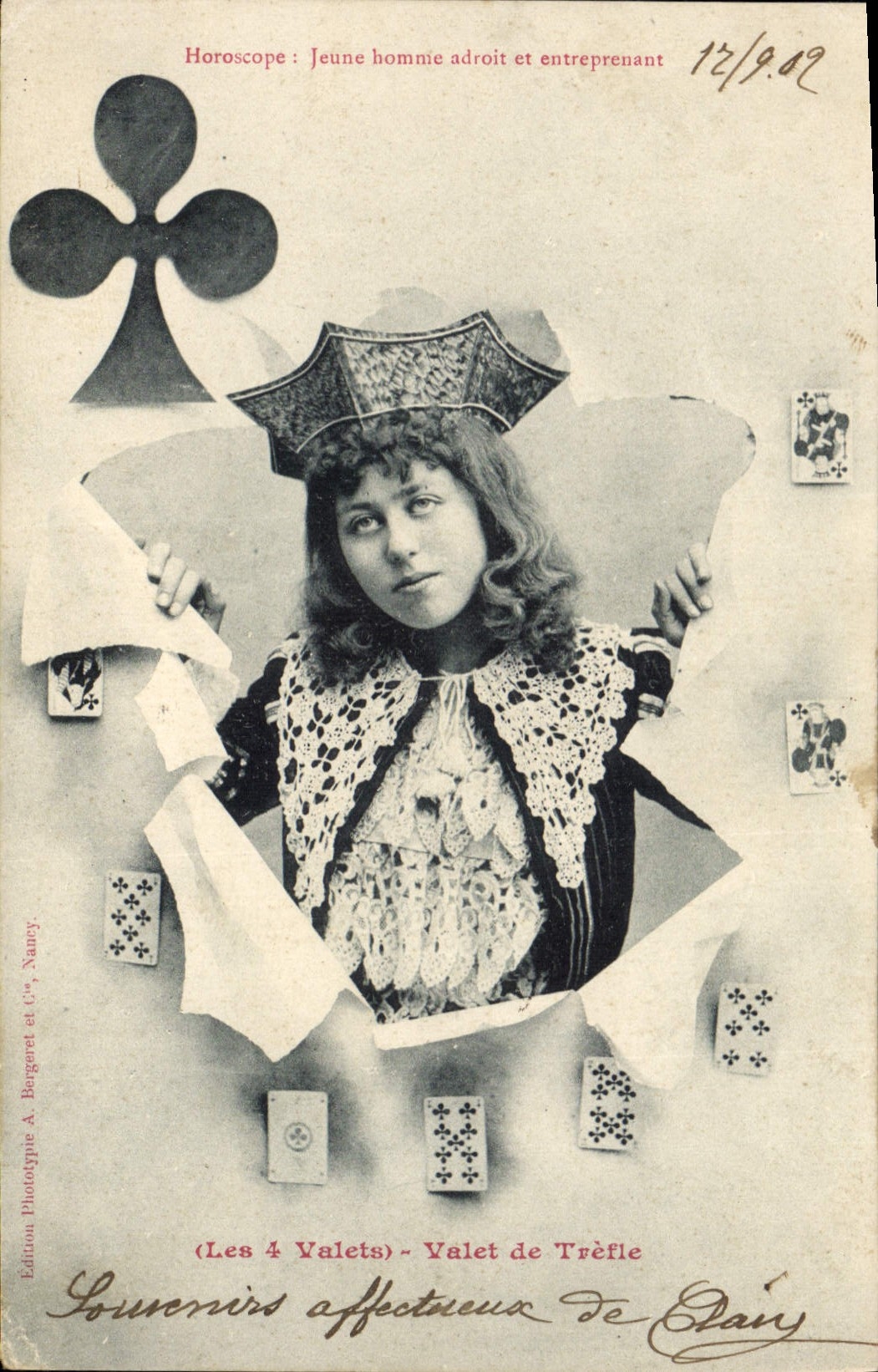 Jeune homme adroit et entreprenant — Horoscope : Les 4 Valets - Valet de Trèfle — Edition Photo-type A. Bergeret et Cie, Nancy