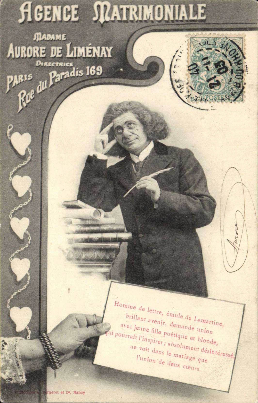 CPA Fantaisie Agence matrimoniale Aurore de Limenay Rue du Paradis Paris 