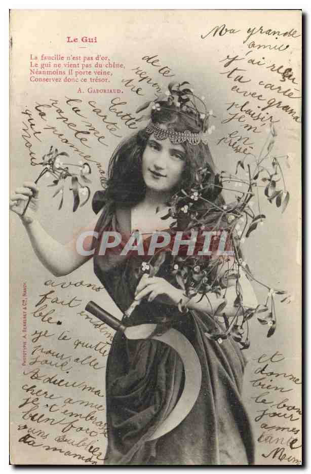 Jeune femme en robe sombre tenant du gui — Poème de A. Gaboriaud — Éditeur Perrottype & Cie, Nancy