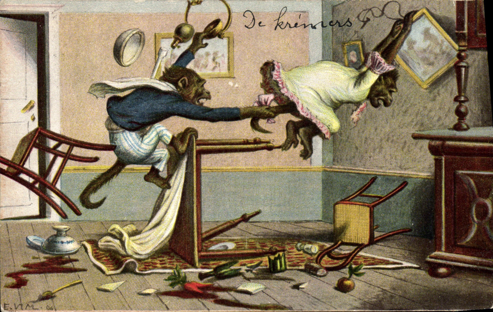 De krèimers — scène de chaos avec singes — E. VAL. 04 - Anverso