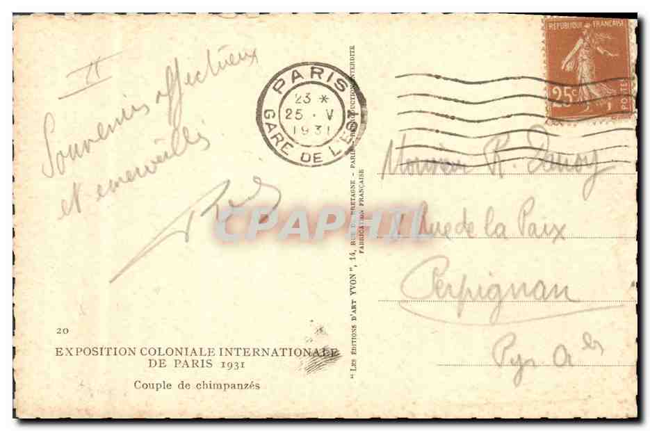CPA Singe Paris Exposition coloniale internationale 1931 Couple de chimpanzes — Rückseite