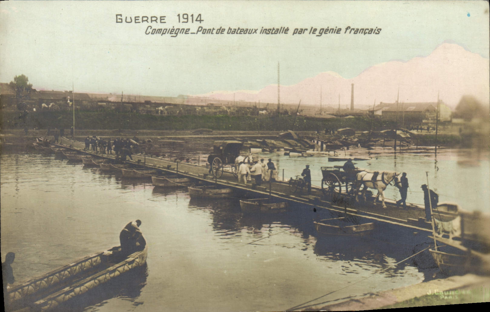 Compiègne — Pont de bateaux installé par le génie français — J. Cocher Paris
