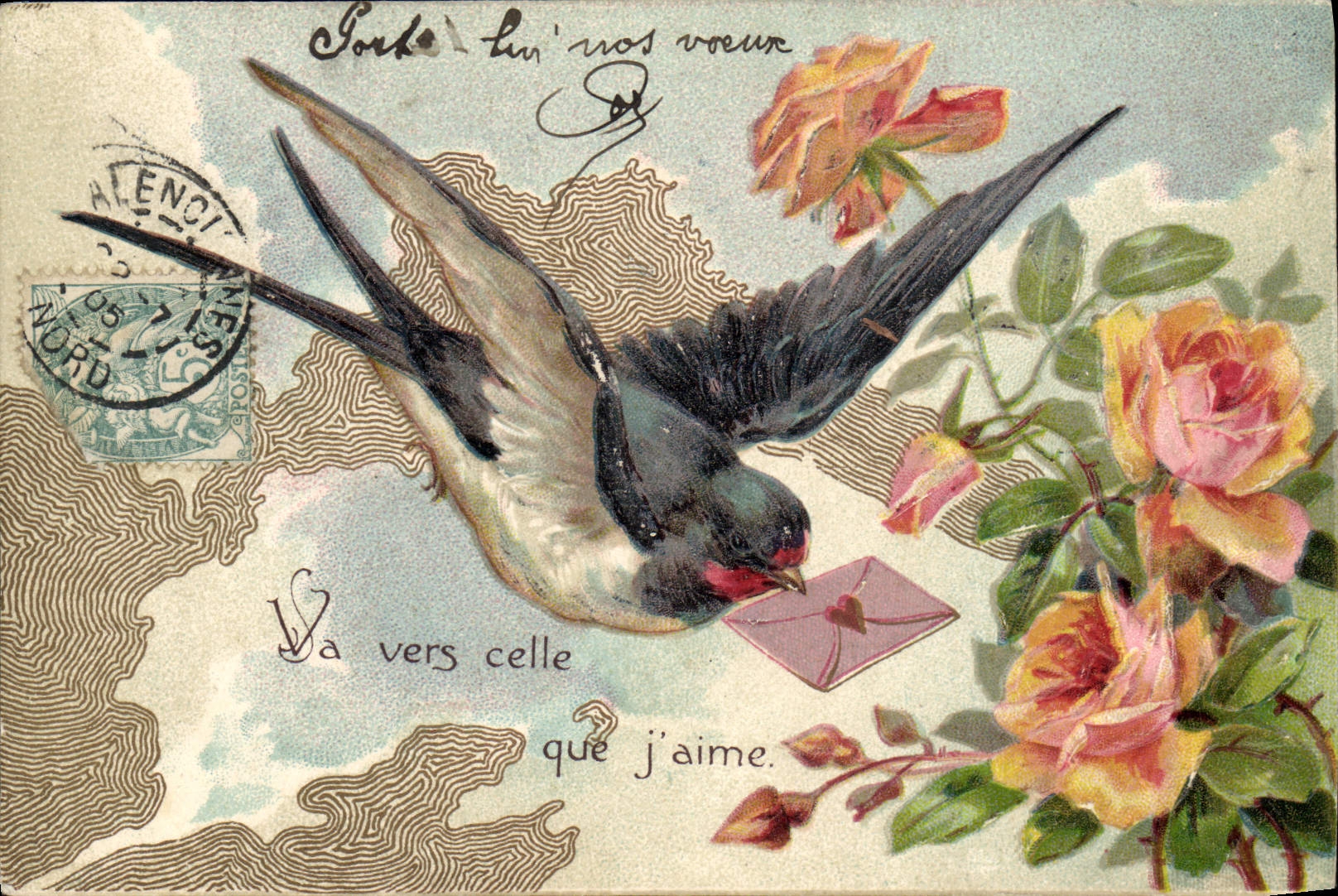 Oiseau portant une lettre — Roses — Éditeur série 5450