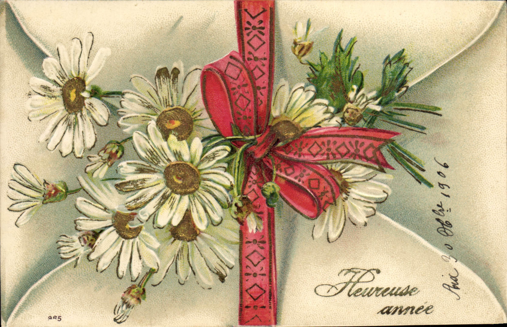 Bouquet de marguerites — liée d'un ruban rouge — éditeur anonyme, n° 985