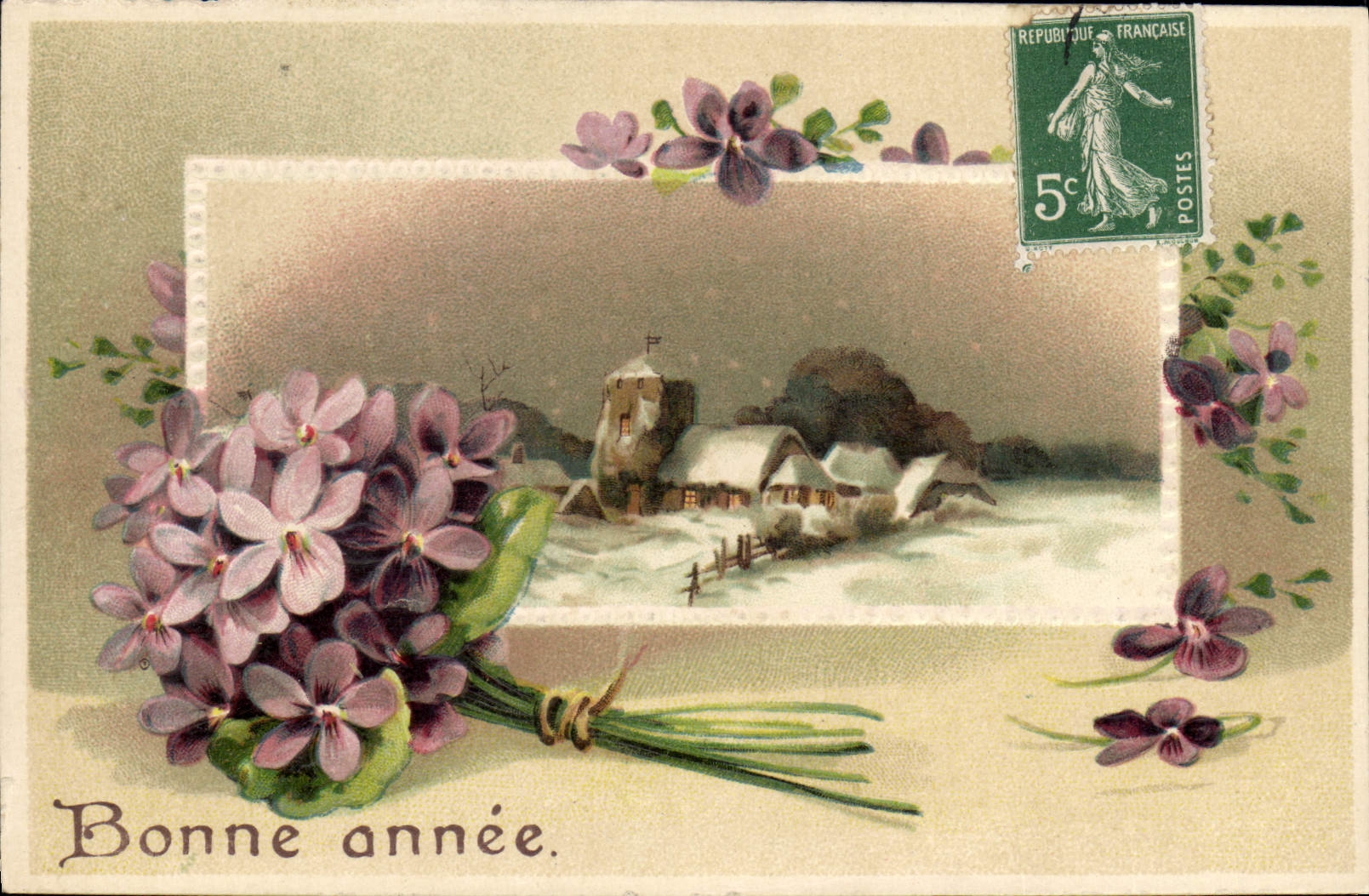 Bouquet de violettes — scène hivernale avec village enneigé — éditeur non visible