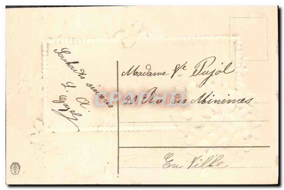 Bouquet de violettes — scène hivernale avec village enneigé — éditeur non visible — Verso