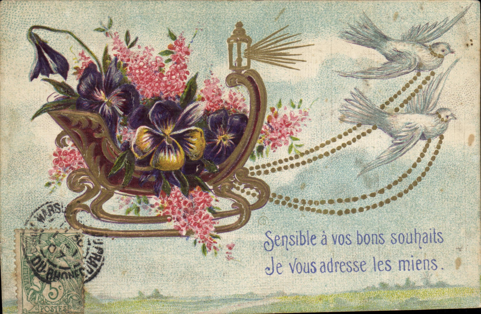 Sleigh chargé de fleurs — oiseaux en vol — éditeur anonyme