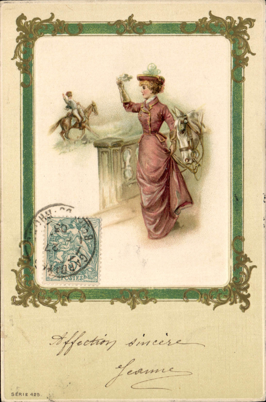 Femme en robe rose et cavalier — Série 425 — Éditeur non identifié